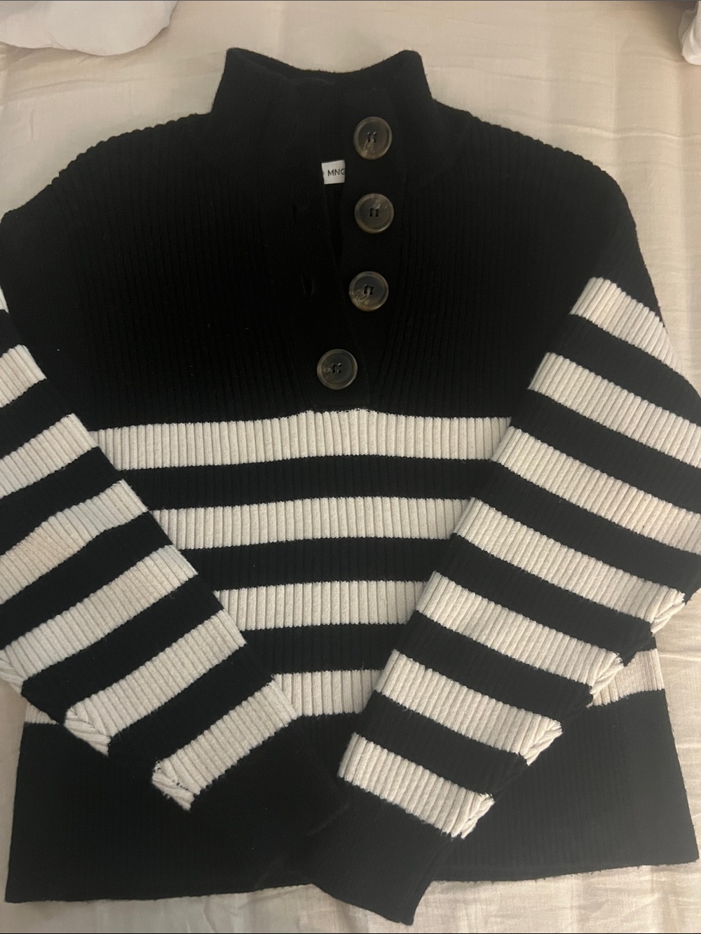 Mango Black and White Striped Button-Collar Sweater